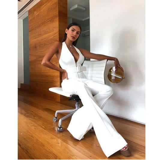 White Classy Sleeves Belt Jumpsuits-One Piece Suits-White-S-Free Shipping Leatheretro