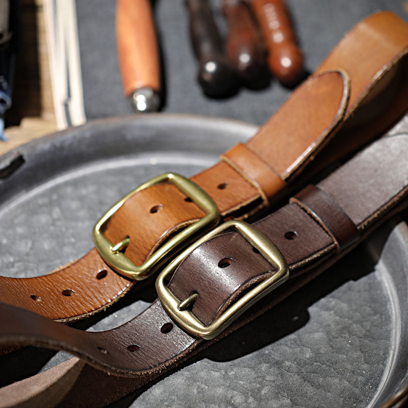 Vintage Handmade Brass Buckle Leather Belt-Khaki-105-125cm-Free Shipping Leatheretro