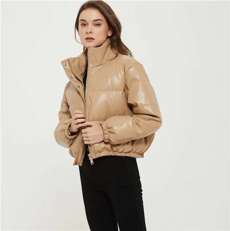 Casual Pu Leather High Neck Women Cotton Jacket Overcoat-Outerwear-Khaki-XS-Free Shipping Leatheretro