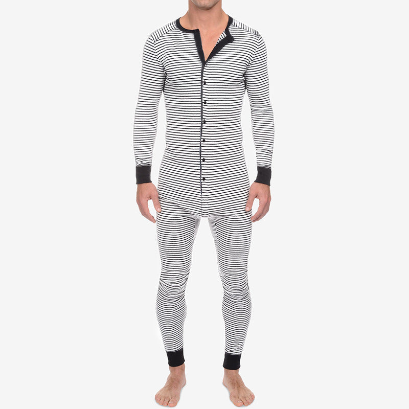 Casual Long Sleeves Jumpsuits Sleepwear for Men-Sleepwear & Loungewear-White-S-Free Shipping Leatheretro