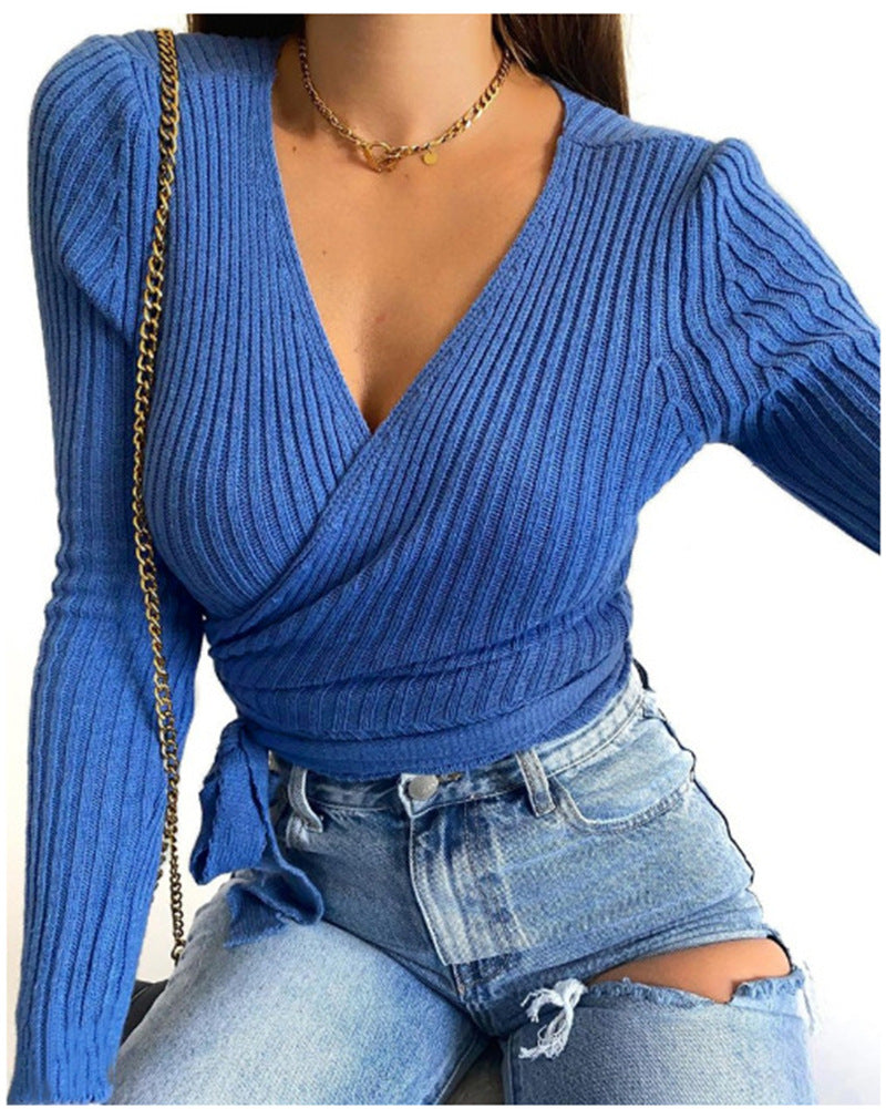 Sexy Long Sleeves Short Knitting Tops-Shirts & Tops-Blue-S-Free Shipping Leatheretro