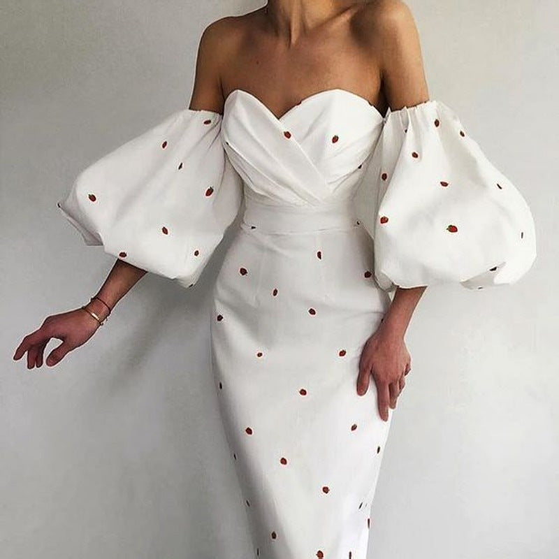 Sexy Strapless High Waist Puff Sleeves Strawberry Dresses-Dresses-White-S-Free Shipping Leatheretro