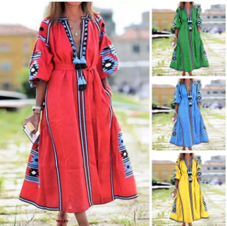 New Women Bohemia Print Long Dresses-Boho Dresses-Yellow-S-Free Shipping Leatheretro