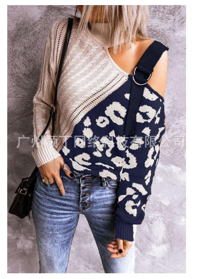 New Leopard High Neck Women Fall Sweaters-Sweater&Hoodies-Dark Blue-S-Free Shipping Leatheretro