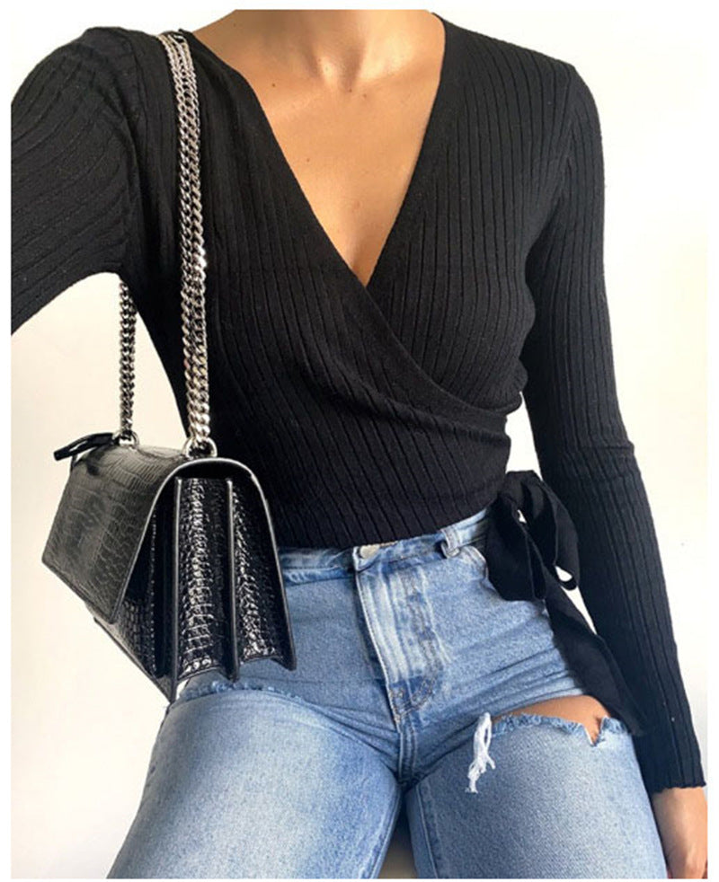 Sexy Long Sleeves Short Knitting Tops-Shirts & Tops-Black-S-Free Shipping Leatheretro