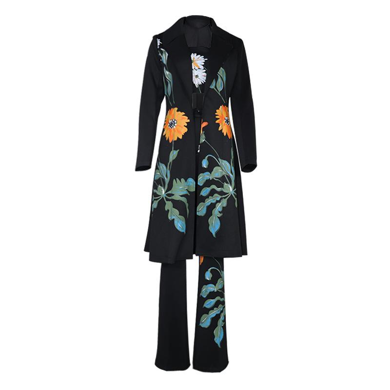 Classy Daisy Print Trenchcoat and Pants Suits-Two Pieces Suits-Black-S-Free Shipping Leatheretro
