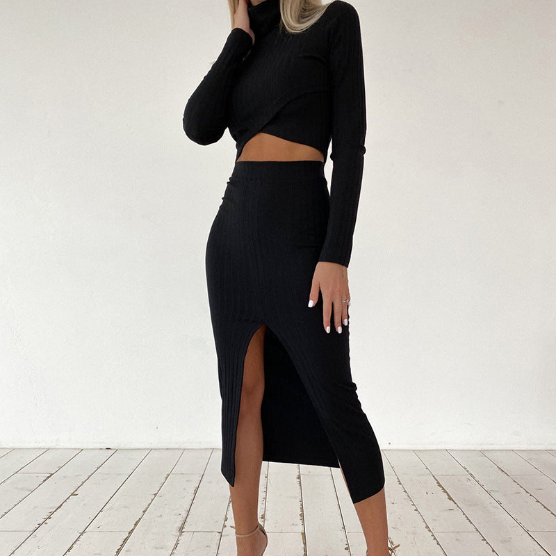 Fashion High Neck Long Sleeves Two Pieces Suits-Dresses-Black-XS-Free Shipping Leatheretro