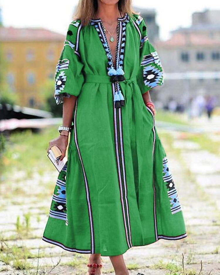 New Women Bohemia Print Long Dresses-Boho Dresses-Green-S-Free Shipping Leatheretro