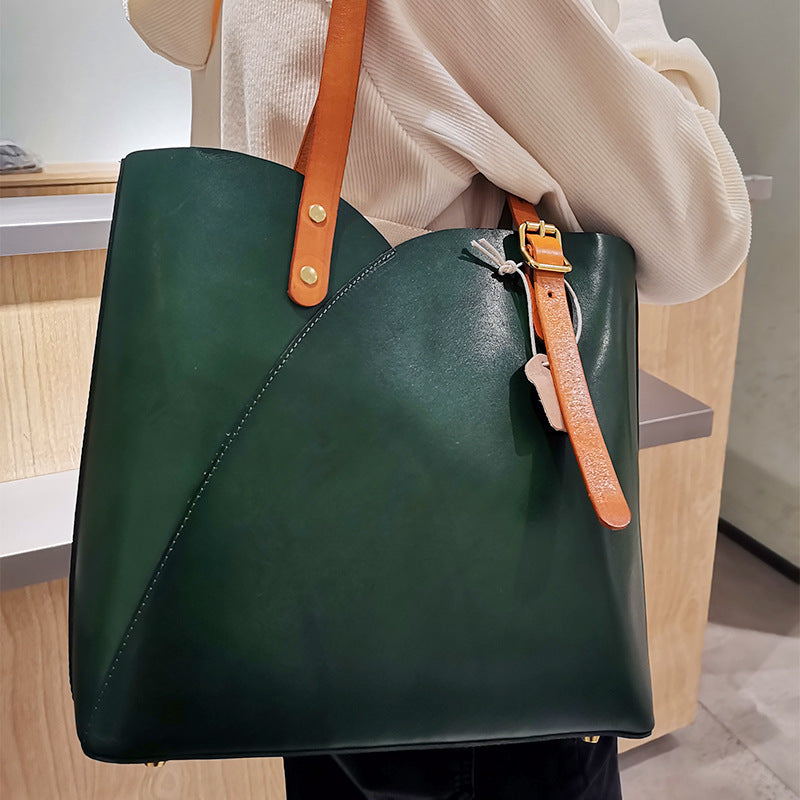 80s Vegetable Tanned Leather Tote Handbag for Women LC29-Handbag & Wallet Accessories-Green-Free Shipping Leatheretro