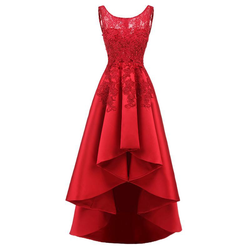 Women Red Lace Asymmetrical Evening Party Dresses-Dresses-Red-US2-Free Shipping Leatheretro