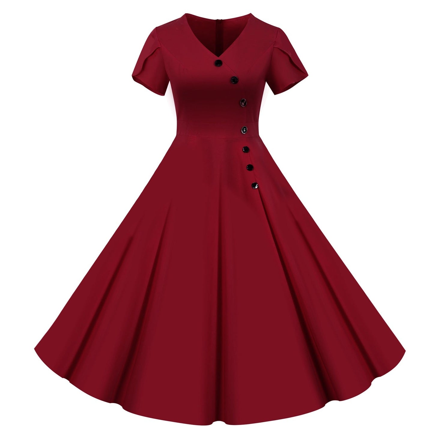 Vintage Short Sleeves Women Dresses-Wine Red-S-Free Shipping Leatheretro