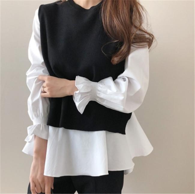 Women Knitting Vest and Long Sleeves Shirts Sets-Shirts & Tops-Black Vest+White Shirts-L-Free Shipping Leatheretro