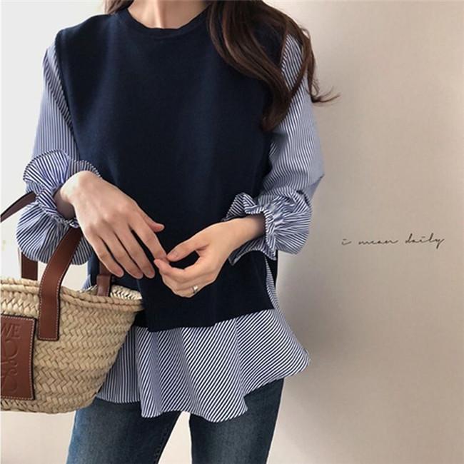 Women Knitting Vest and Long Sleeves Shirts Sets-Shirts & Tops-Blue Vest+Striped Shirts-L-Free Shipping Leatheretro