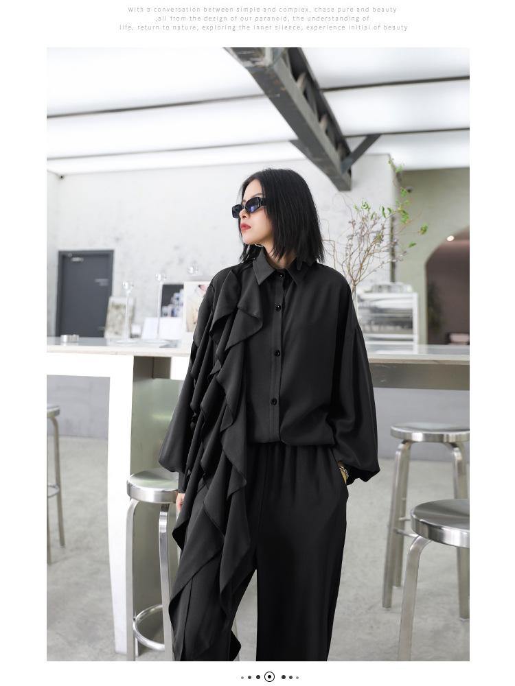 Retro Women Ruffles Top&Loose Pants-Two Pieces Suits-Black-One Size-Free Shipping Leatheretro