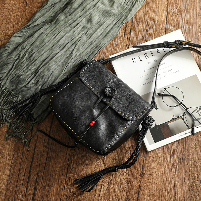Handmade Vege Tanned Leather Tassels Design Bag 32023-Handbags, Wallets & Cases-Black-Free Shipping Leatheretro