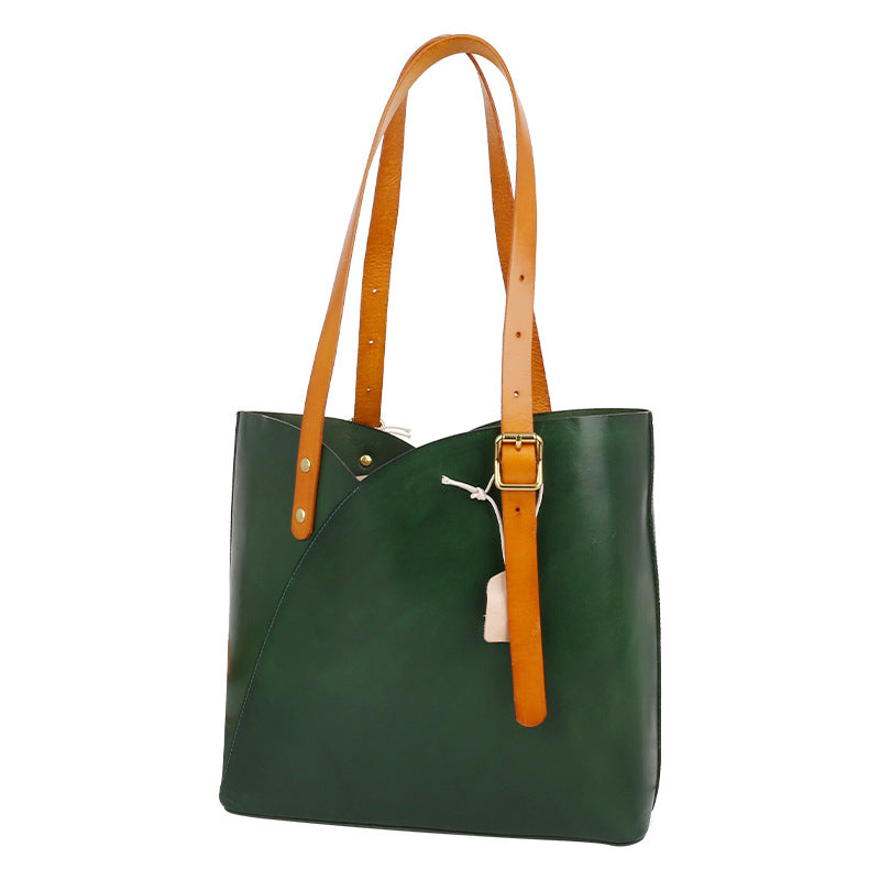 80s Vegetable Tanned Leather Tote Handbag for Women LC29-Handbag & Wallet Accessories-Green-Free Shipping Leatheretro