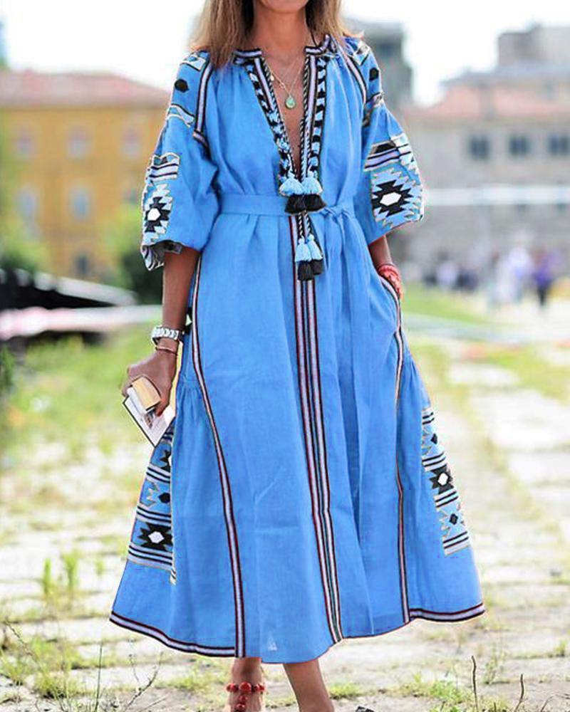 New Women Bohemia Print Long Dresses-Boho Dresses-Light Blue-S-Free Shipping Leatheretro