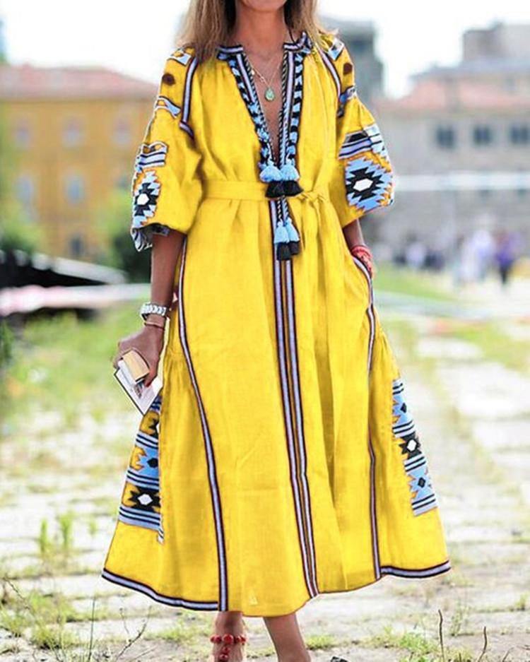 New Women Bohemia Print Long Dresses-Boho Dresses-Yellow-S-Free Shipping Leatheretro