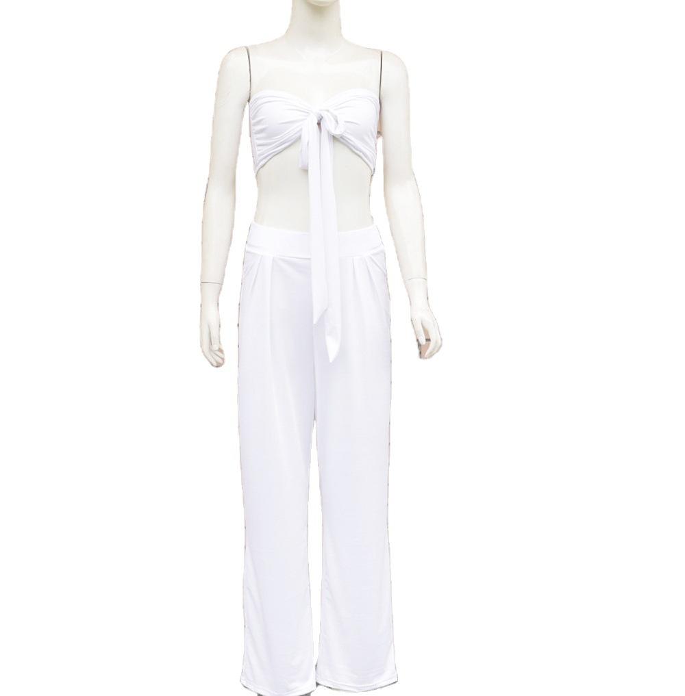 Sexy Women Strapless Tops+loose Pants Suits-Two Pieces Suits-White-S-Free Shipping Leatheretro