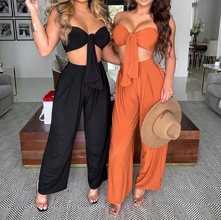 Sexy Women Strapless Tops+loose Pants Suits-Two Pieces Suits-White-S-Free Shipping Leatheretro