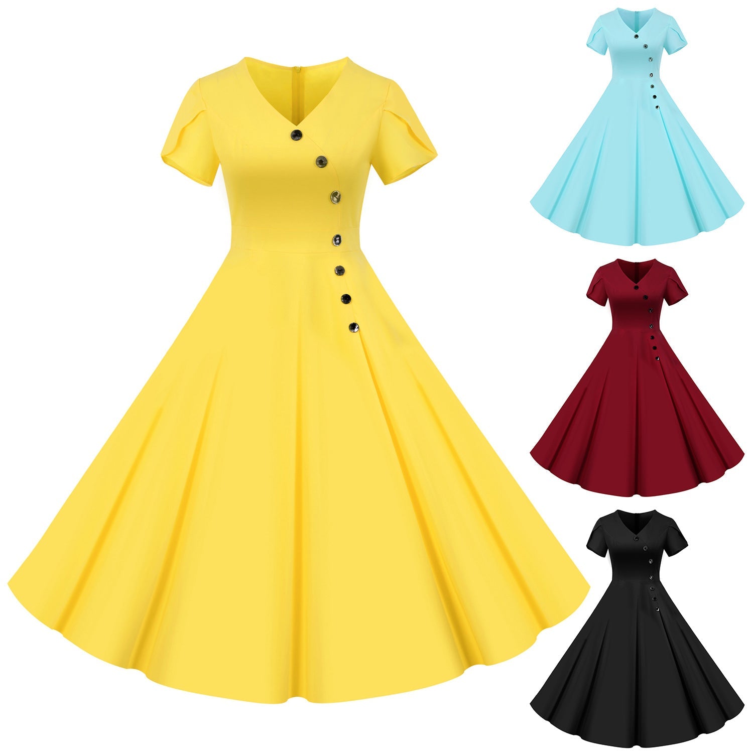 Vintage Short Sleeves Women Dresses-Yellow-S-Free Shipping Leatheretro