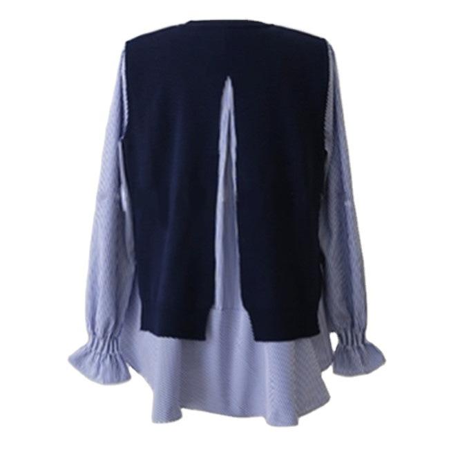 Women Knitting Vest and Long Sleeves Shirts Sets-Shirts & Tops-Blue Vest+Striped Shirts-L-Free Shipping Leatheretro