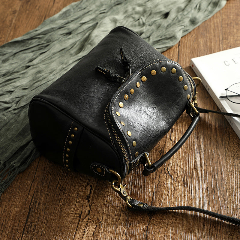 Vintage Rivet Design Genuine Leather Crossbody Handbags 3202-Handbags-Black-Free Shipping Leatheretro
