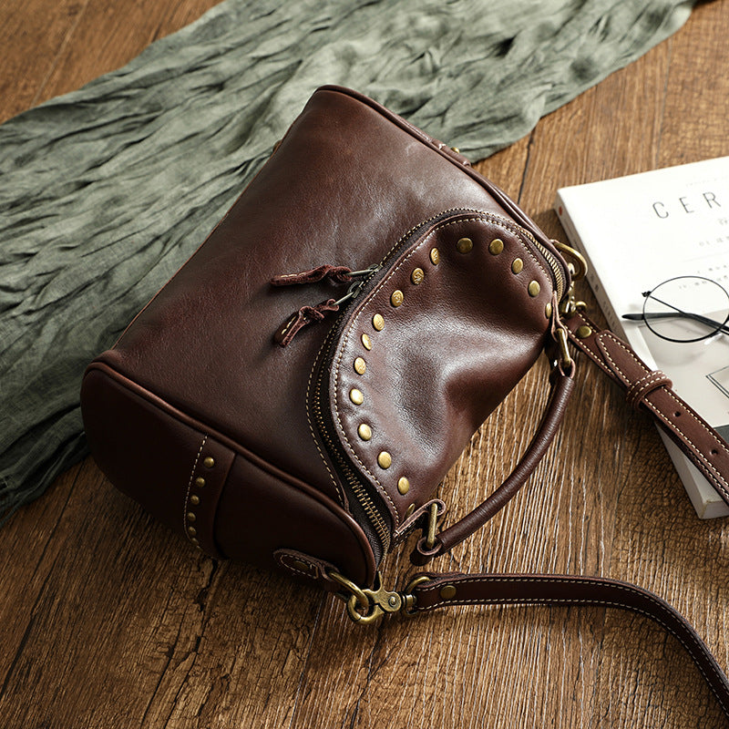 Vintage Rivet Design Genuine Leather Crossbody Handbags 3202-Handbags-Coffee-Free Shipping Leatheretro