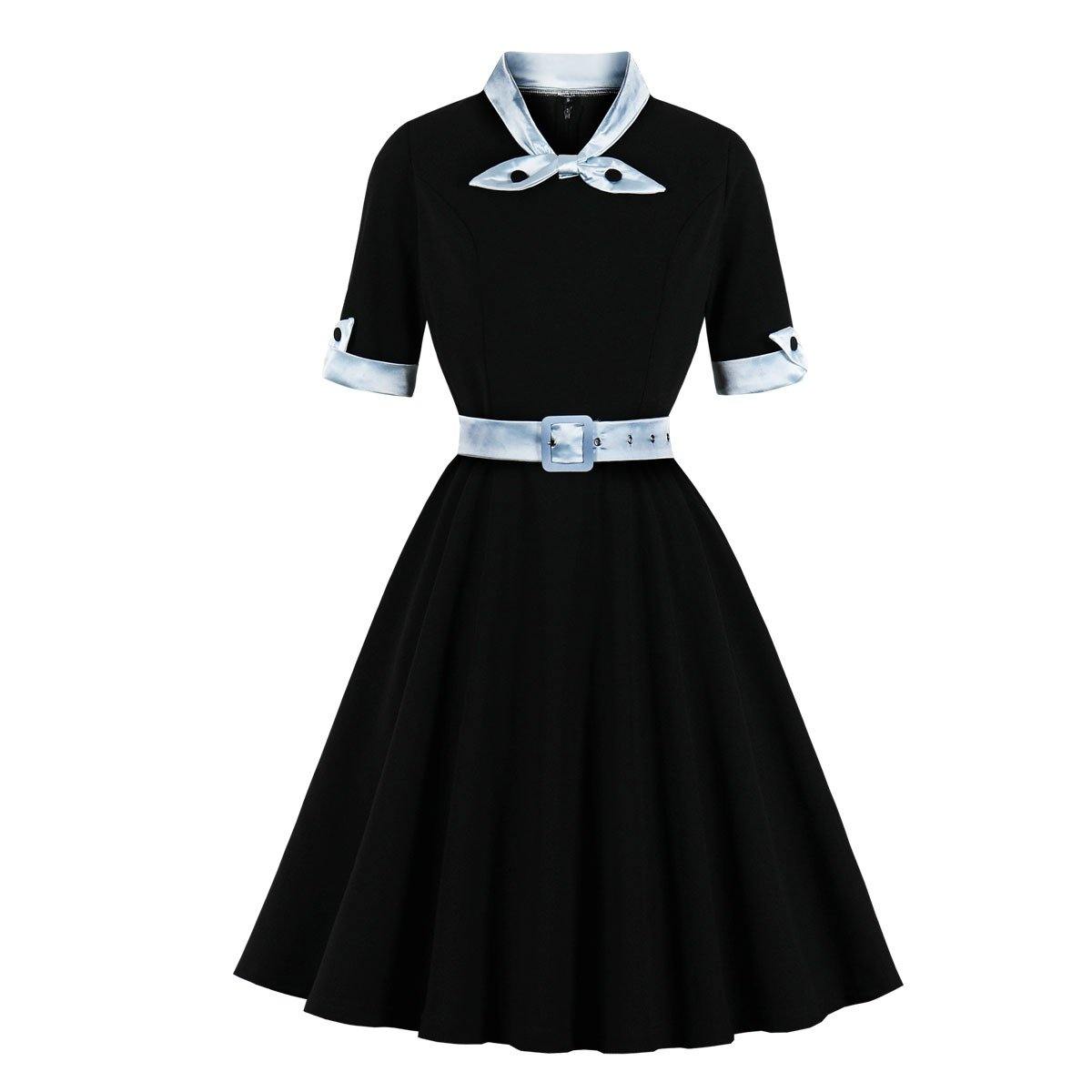 Women Vintage Short Sleeves Midi Dresses-Vintage Dresses-Black-S-Free Shipping Leatheretro