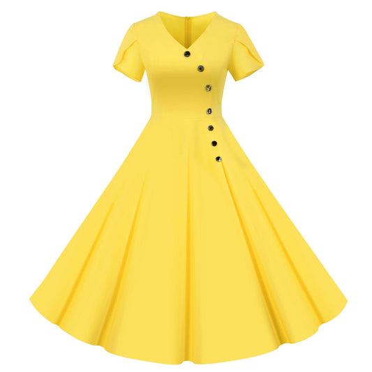 Vintage Short Sleeves Women Dresses-Yellow-S-Free Shipping Leatheretro