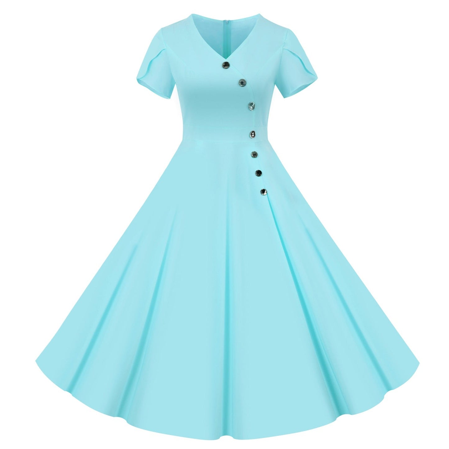 Vintage Short Sleeves Women Dresses-Blue-S-Free Shipping Leatheretro