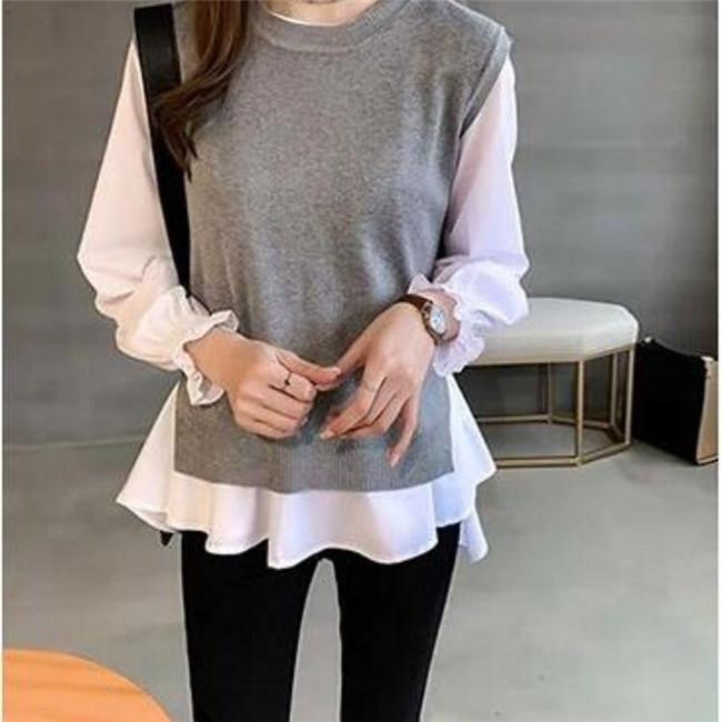 Women Knitting Vest and Long Sleeves Shirts Sets-Shirts & Tops-Blue Vest+Striped Shirts-L-Free Shipping Leatheretro