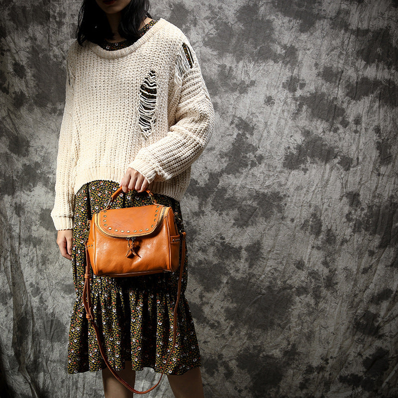 Vintage Rivet Design Genuine Leather Crossbody Handbags 3202-Handbags-Yellow-Free Shipping Leatheretro