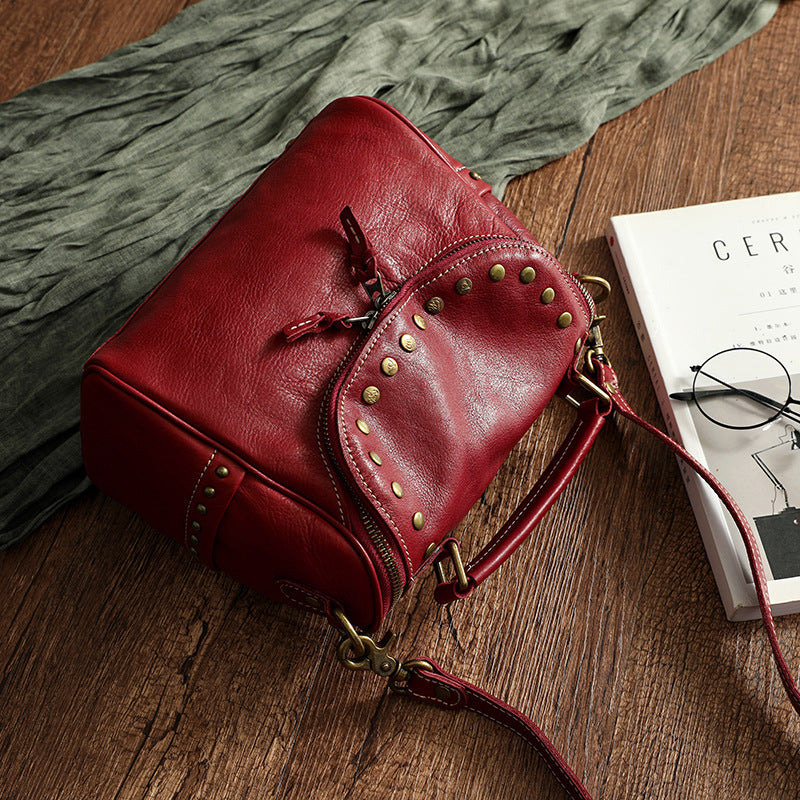 Vintage Rivet Design Genuine Leather Crossbody Handbags 3202-Handbags-Wine Red-Free Shipping Leatheretro