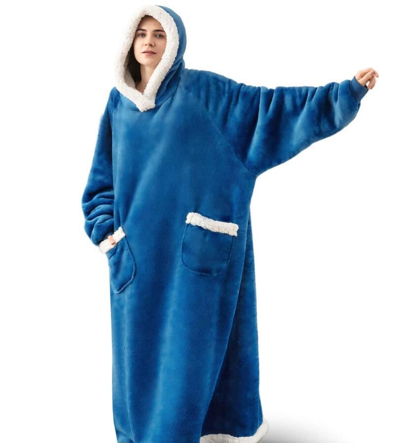 Winter Fleece Warm Long Hoodies Blanket-Sleepwear & Loungewear-Peacock Blue-120cm-Free Shipping Leatheretro