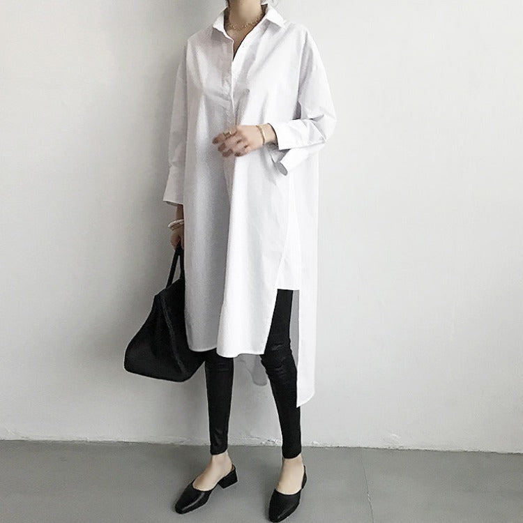 Women Autumn Asymmetric Long Sleeves Shirt Dresses-Dresses-White-S-Free Shipping Leatheretro