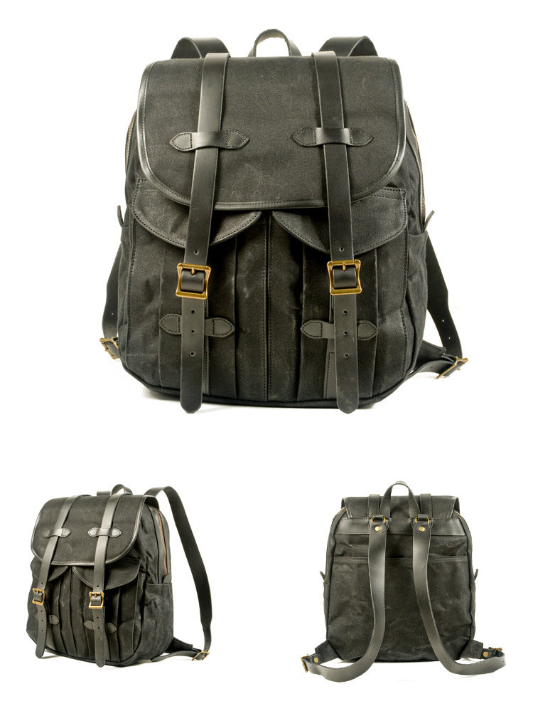 Vintage Leisure Leather Canvas Outdoor Mountain-climbing Backpack 5023-Backpacks-Black-Free Shipping Leatheretro