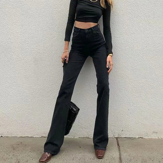 Casual High Waist Trumpet Women Long Jeans-Pants-Black-XS-Free Shipping Leatheretro