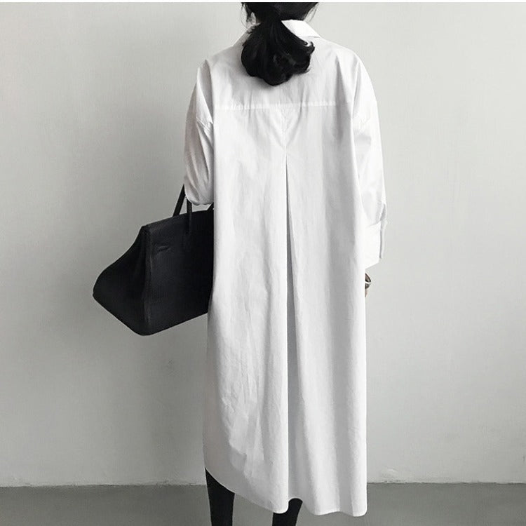 Women Autumn Asymmetric Long Sleeves Shirt Dresses-Dresses-White-S-Free Shipping Leatheretro