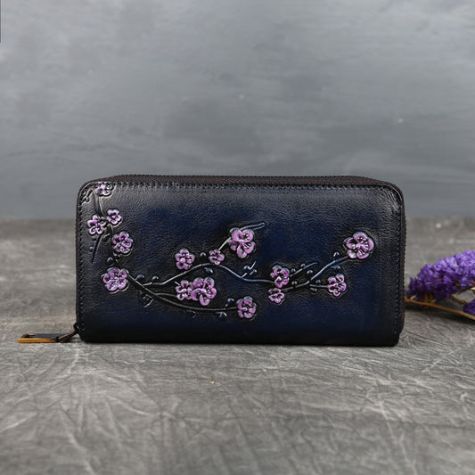 Vintage Plum Blossom Design Leather Waleets for Women 9634-Handbags, Wallets & Cases-Blue-Free Shipping Leatheretro