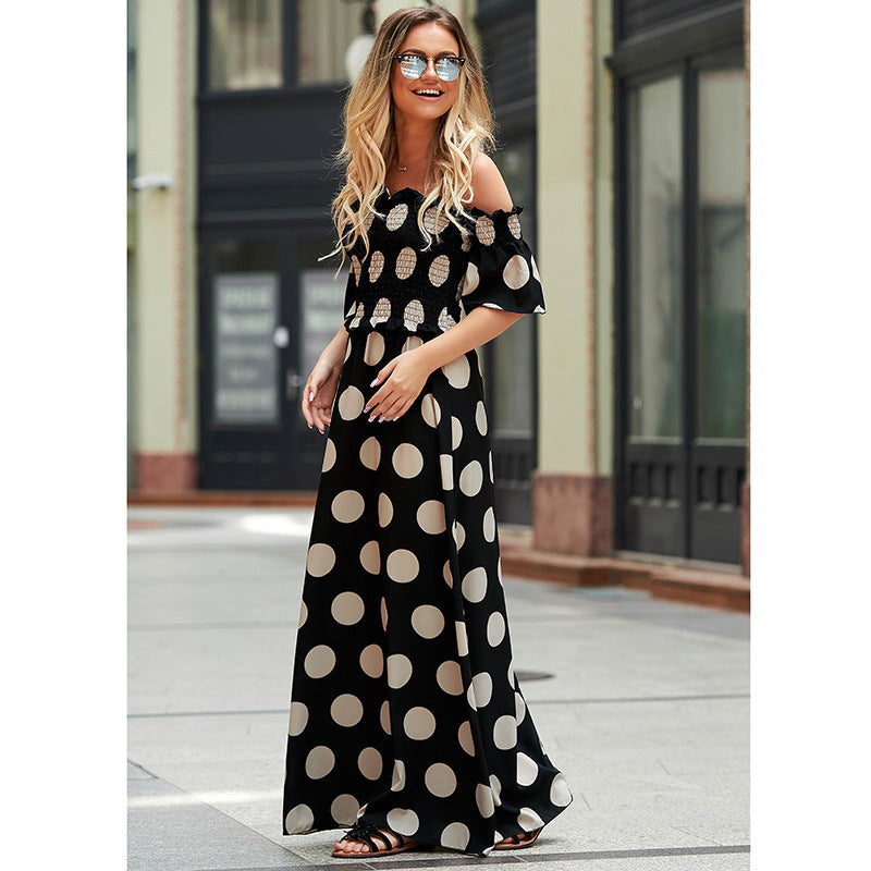 Casual Off The Shoulder Dot Print Long Maxi Dresses-Dresses-Pink-L-Free Shipping Leatheretro
