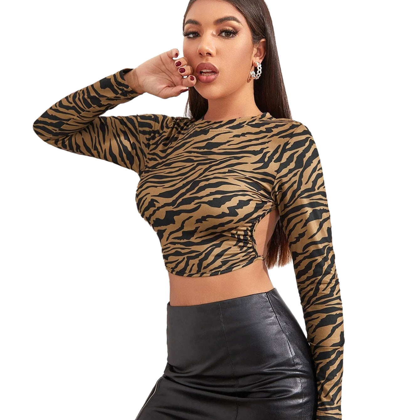 Sexy Backless Lace Up Long Sleeves Short Tops-Shirts & Tops-Black-S-Free Shipping Leatheretro