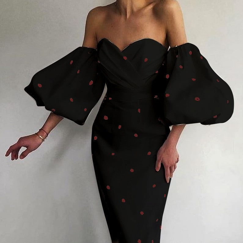 Sexy Strapless High Waist Puff Sleeves Strawberry Dresses-Dresses-Black-S-Free Shipping Leatheretro