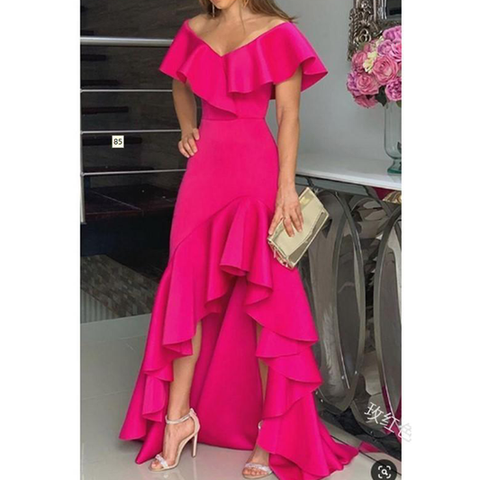 Sexy Classy V Neck Irregular Ruffled Women Long Dresses-Dresses-Wine Red-S-Free Shipping Leatheretro