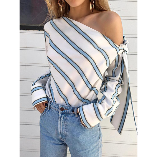 Long Sleeves One Shoulder Striped Shirts-Shirts&Blouses-White-S-Free Shipping Leatheretro