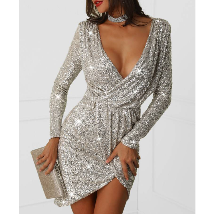 Sexy Deep V Neck Sequined Mini Party Dresses-Dresses-The same as picture-S-Free Shipping Leatheretro