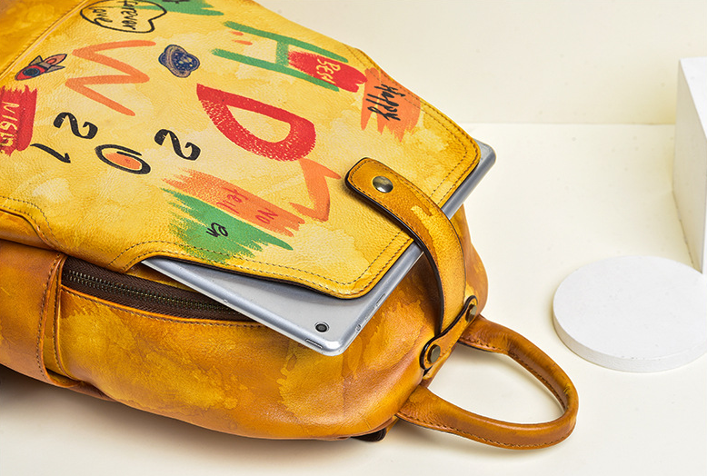 Vintage Graffiti Leather Backback for Women C313-Leatehr Backpack-Yellow-Free Shipping Leatheretro