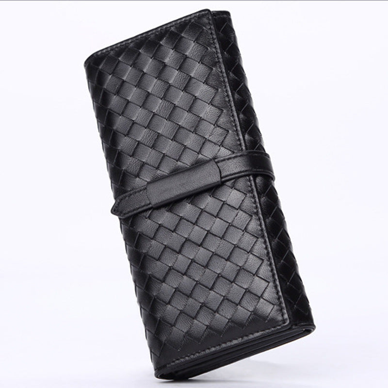 Fashion Woven Leather Long Wallet for Women 668-Handbags, Wallets & Cases-Black-Free Shipping Leatheretro