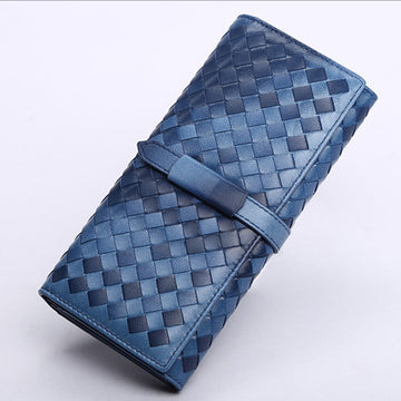 Fashion Woven Leather Long Wallet for Women 668-Handbags, Wallets & Cases-Black-Free Shipping Leatheretro