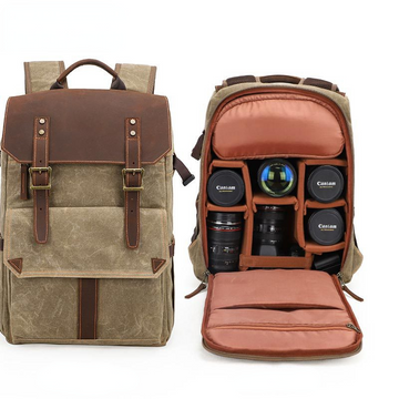 Large Storage SLR Camera Leather Canvas Backpack K001-Leather Canvas Backpack-Khaki-Free Shipping Leatheretro